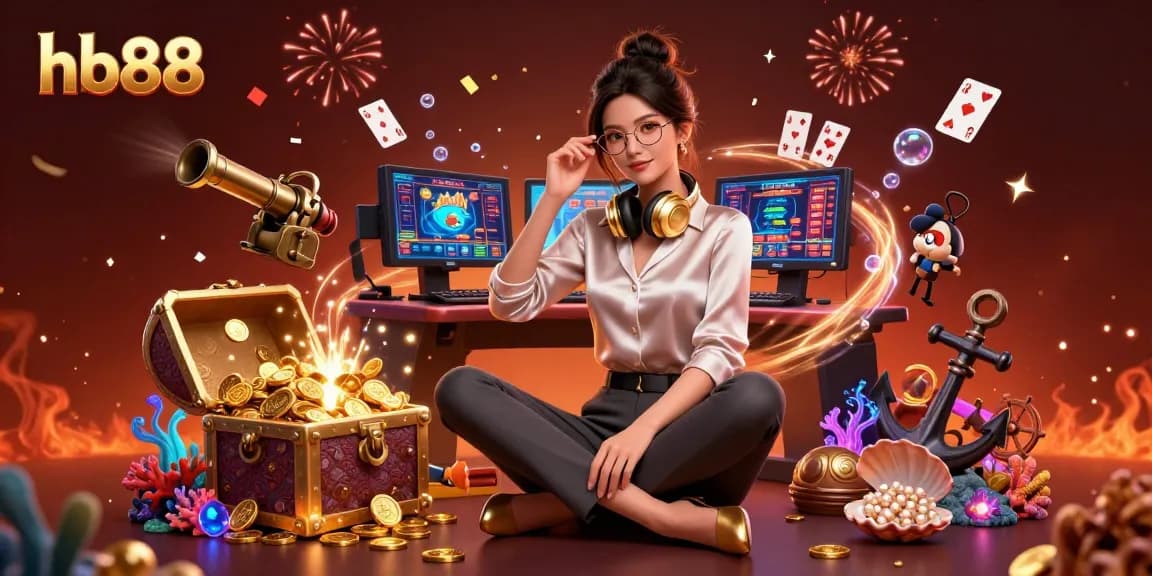 hb88 gaming setup featuring an elegant Asian woman amidst casino elements, surrounded by vibrant effects