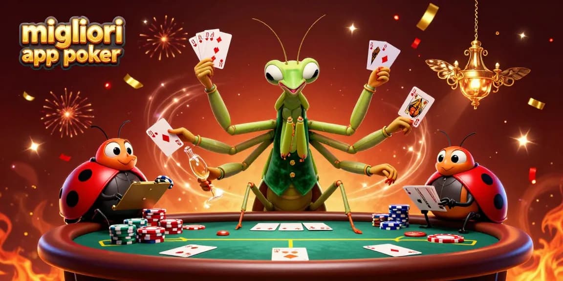 Giocare con le migliori app poker: una mantide e una coccinella coinvolti in un tavolo da poker affollato.