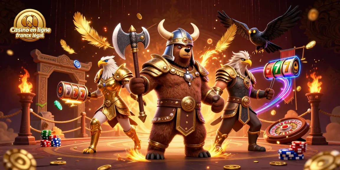 Le casino en ligne France légal présente une bataille épique avec des personnages de jeux d'argent animés dans un environnement dynamique.
