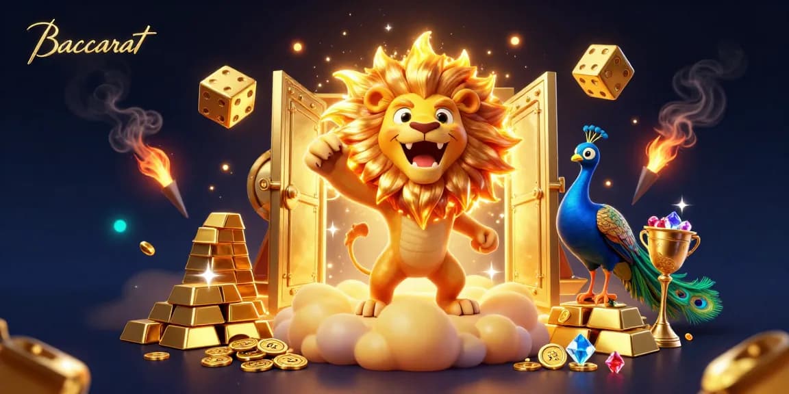 Baccarat game elements illustrated with a roaring lion and dynamic casino imagery