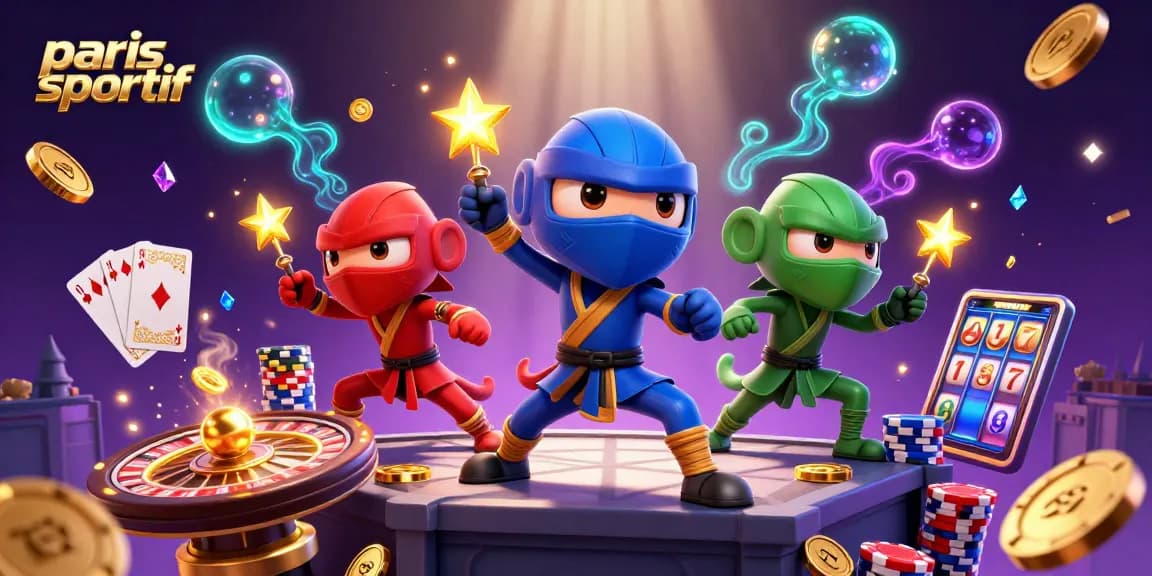 Les paris sportif prennent vie avec des ninjas et des jetons en argent scintillants.