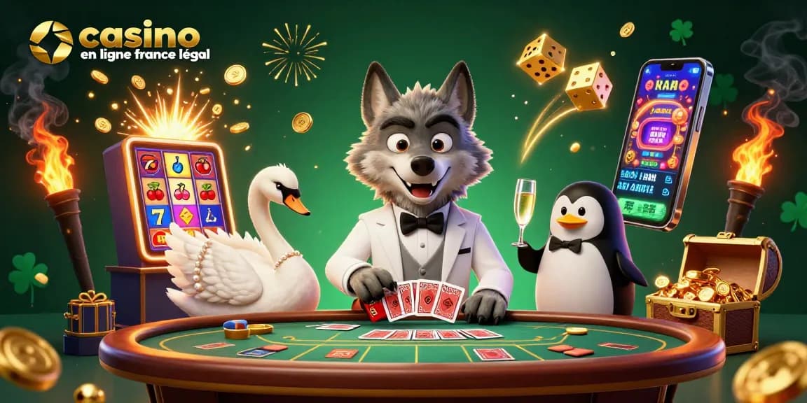 Jouez au casino en ligne France légal avec des personnages colorés autour d'une table de baccarat.