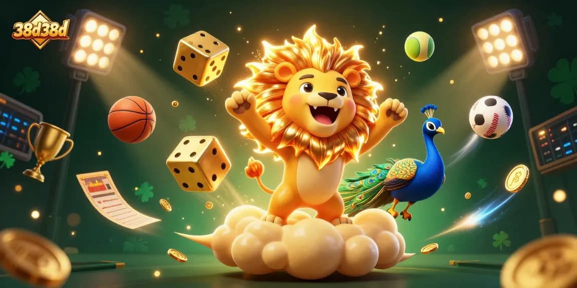 Engage with 38d38d's thrilling experience featuring a roaring lion, golden dice, and dynamic sports elements filling the scene.
