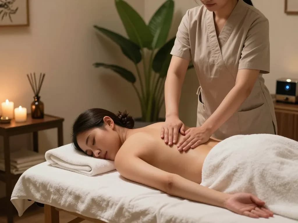 Relaxing 마사지 session in a tranquil spa room with soothing ambiance and essential oils.