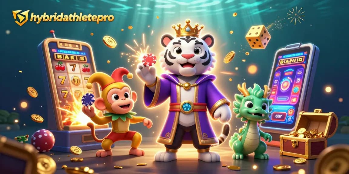 Engage with hybridathletepro in this dynamic casino scene featuring lively characters and winning symbols.