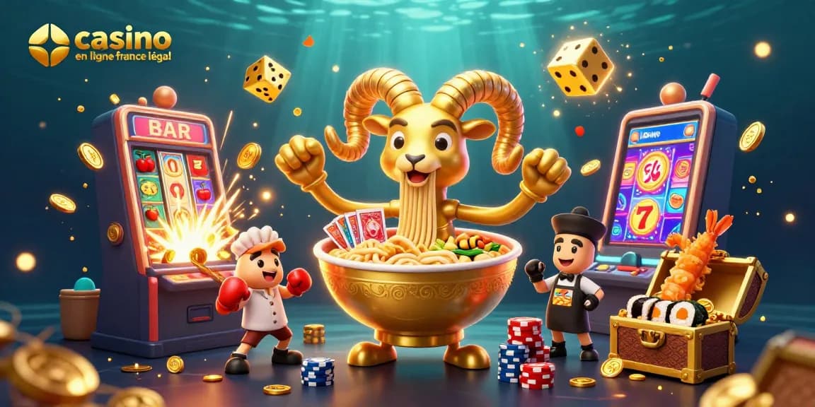 Illustration dynamique de casinos en ligne légaux en France avec un bol de ramen géant et des personnages amusants.