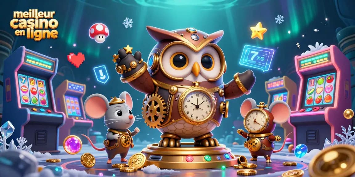 Découvrez le meilleur casino en ligne avec une illustration captivante réunissant des personnages de casino et des éléments futuristes.