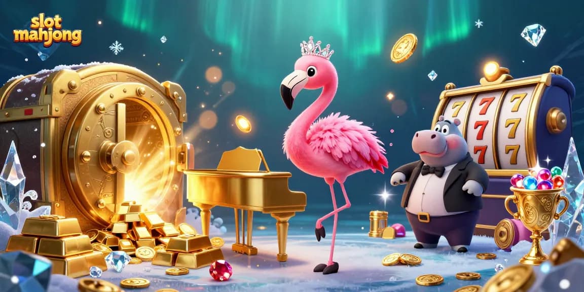 Experience thrilling slot mahjong gameplay in a vibrant 3D casino scene with dynamic characters and gold treasures.