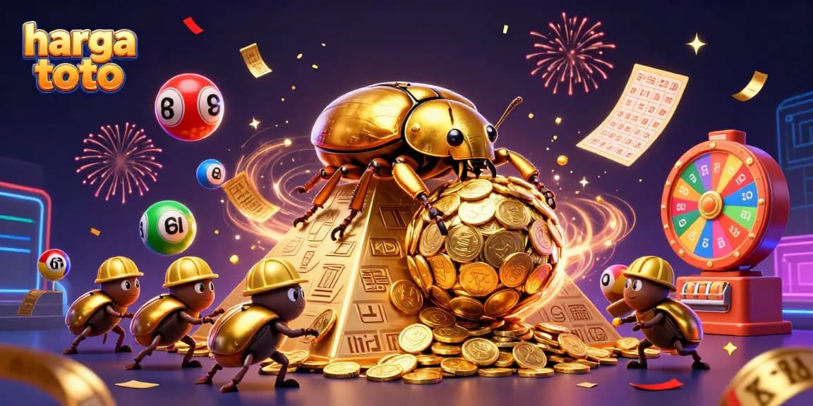 Experience vibrant excitement with harga toto as golden beetles roll coins amid dynamic lottery elements.