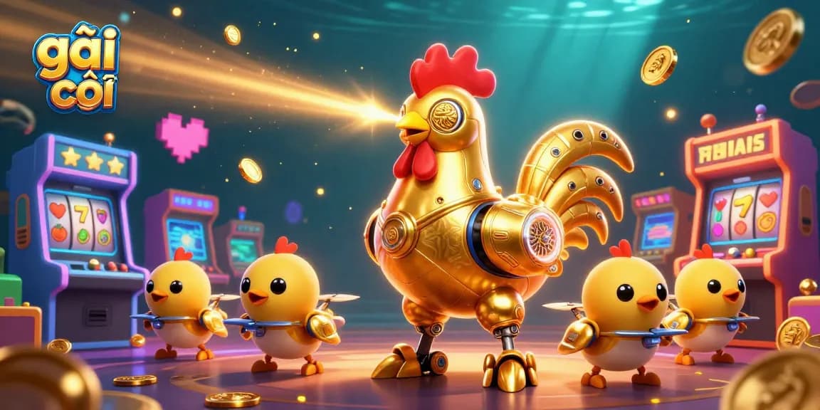 Engage with modifiers in the vibrant world of gái gọi casino gaming featuring a golden rooster robot and playful elements.