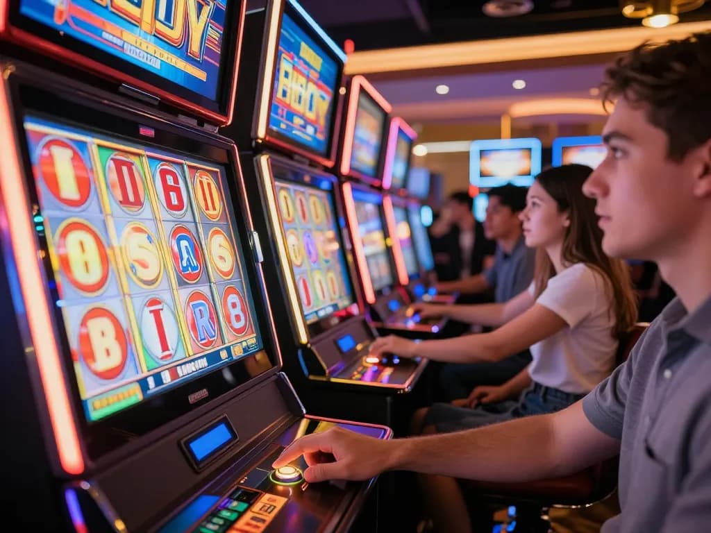 Players enjoying slot gacor gampang menang by eagerly pressing spin buttons in a lively casino.