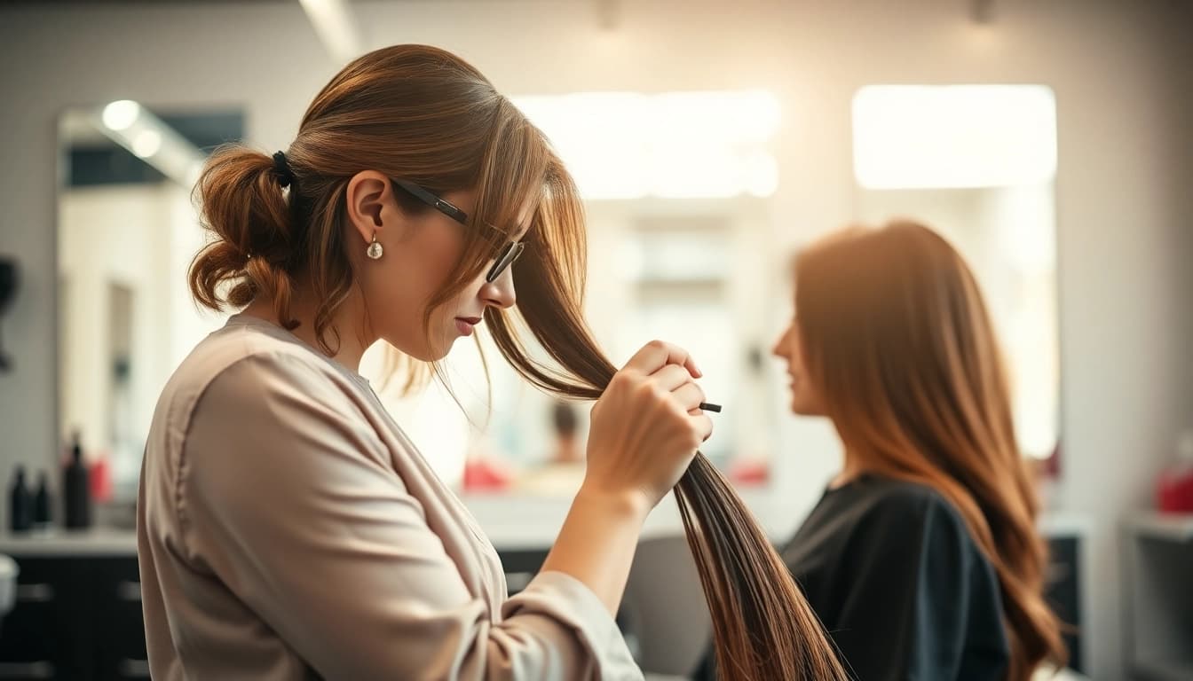 Sew in weft hair extensions being expertly applied by a stylist in a modern salon.