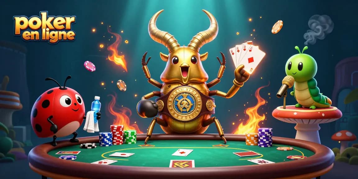 Jouez au poker en ligne avec excitation, illustré par une scène de poker pleine d'action et de personnages colorés.