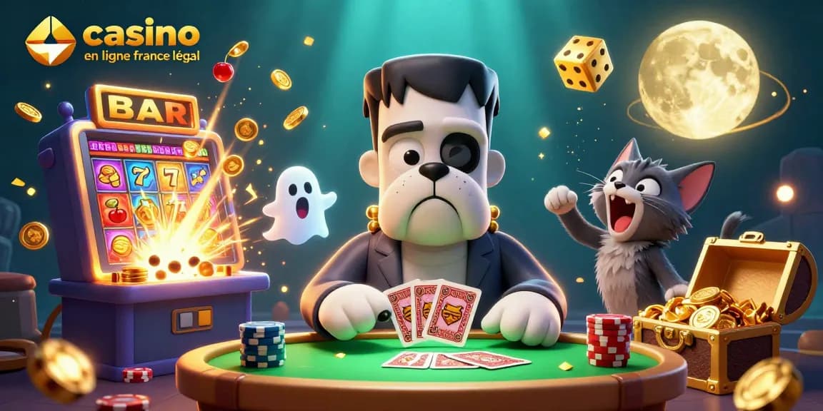 Illustration interactive d'un casino en ligne France légal mettant en scène un bulldog, une souris et un chat loup.