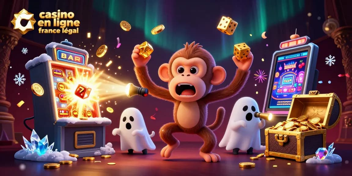 Célébrez les gains sur casino en ligne France légal avec un singe poltergeist jonglant et un chiot chasseur de fantômes dans une ambiance animée de casino.