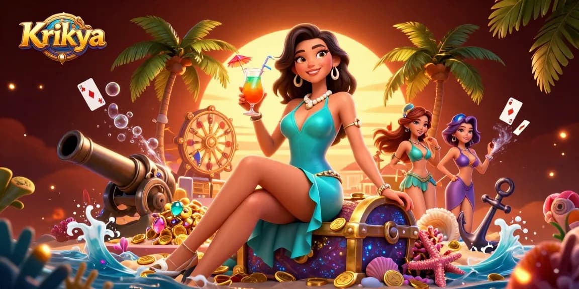 Krikya offers a thrilling 3D illustration capturing vibrant casino gaming in a tropical paradise.