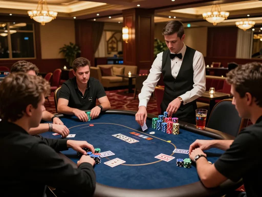 LGO99 players engaged in a high-stakes poker game, showcasing colorful chips and strategy in an elegant casino.