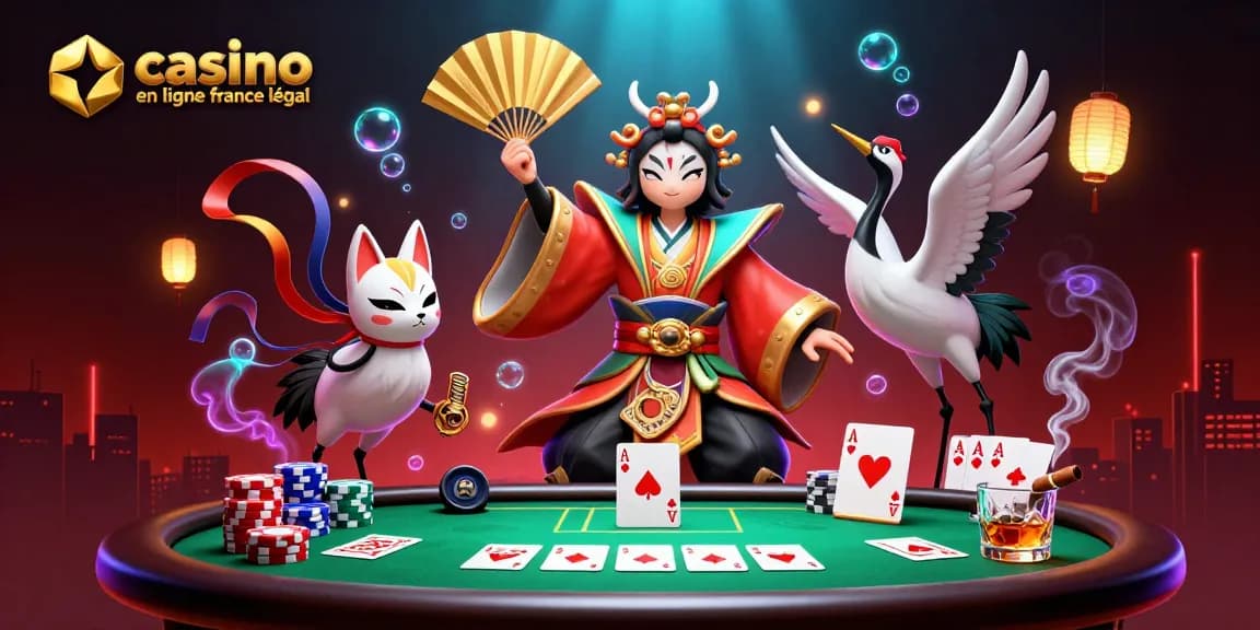 Visualisez le monde captivant du casino en ligne France légal avec un guerrier kabuki et des éléments de jeu envoûtants.