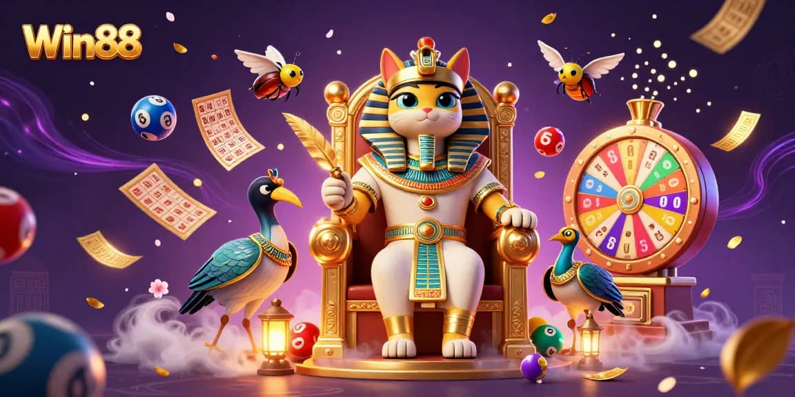 Win88 captivates with a vibrant visual of an Egyptian-themed casino scene full of lively elements and thrilling gaming excitement.