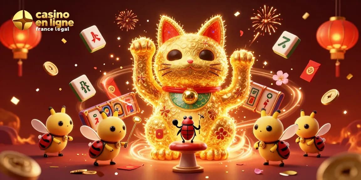 Faites briller votre chance avec le casino en ligne légal en France illustré par un chat porte-bonheur et ses symboles festifs.