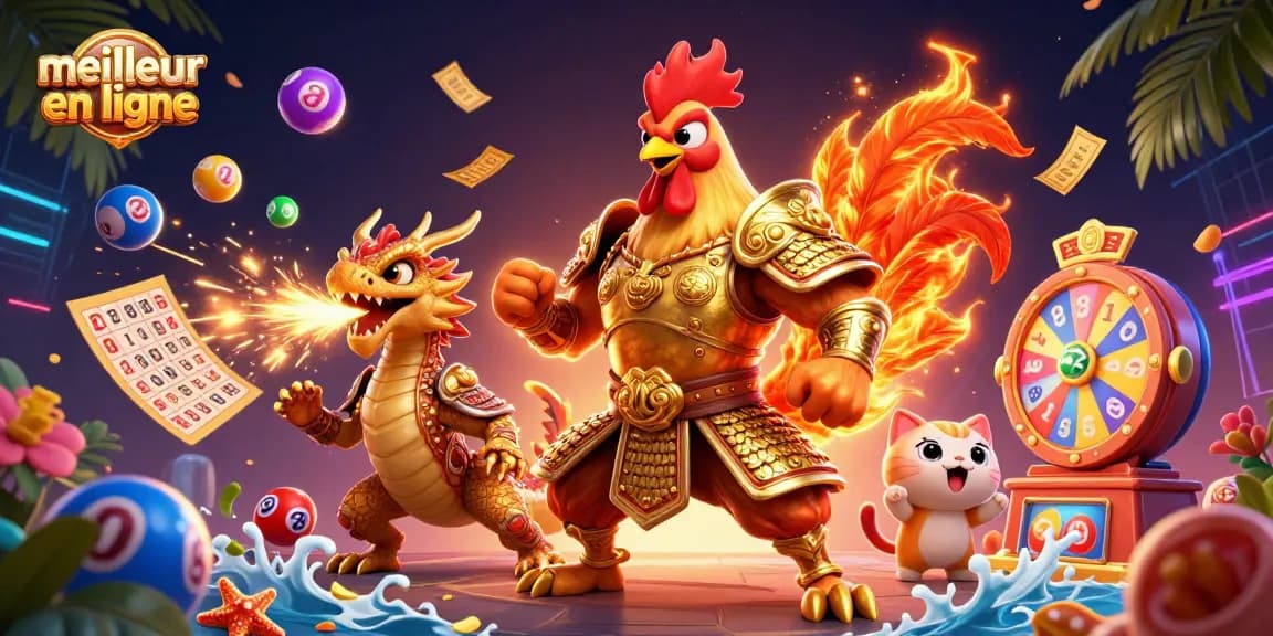 Jouer au meilleur casino en ligne avec un guerrier coq et un dragon, ambiance festive.
