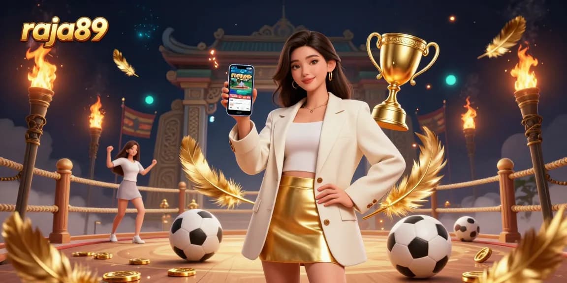 Engage with raja89 for sports betting excitement featuring a lively Asian woman with a smartphone in a dynamic casino scene.