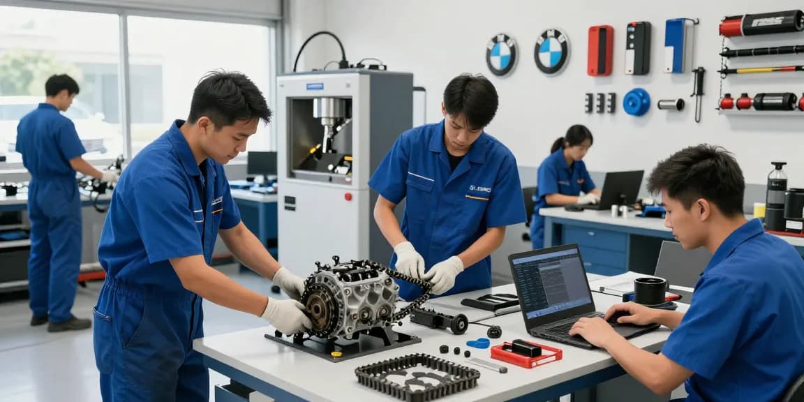 BMW Werkstatt Hannover mit Techniker, der an einem Motor arbeitet und ein modernes DPF-Reinigungsgerät nutzt.