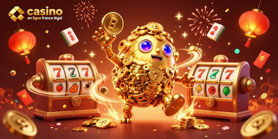 Jouez au casino en ligne légal en France avec une illustration captivante de rouleaux de machines à sous et un golem d'or.