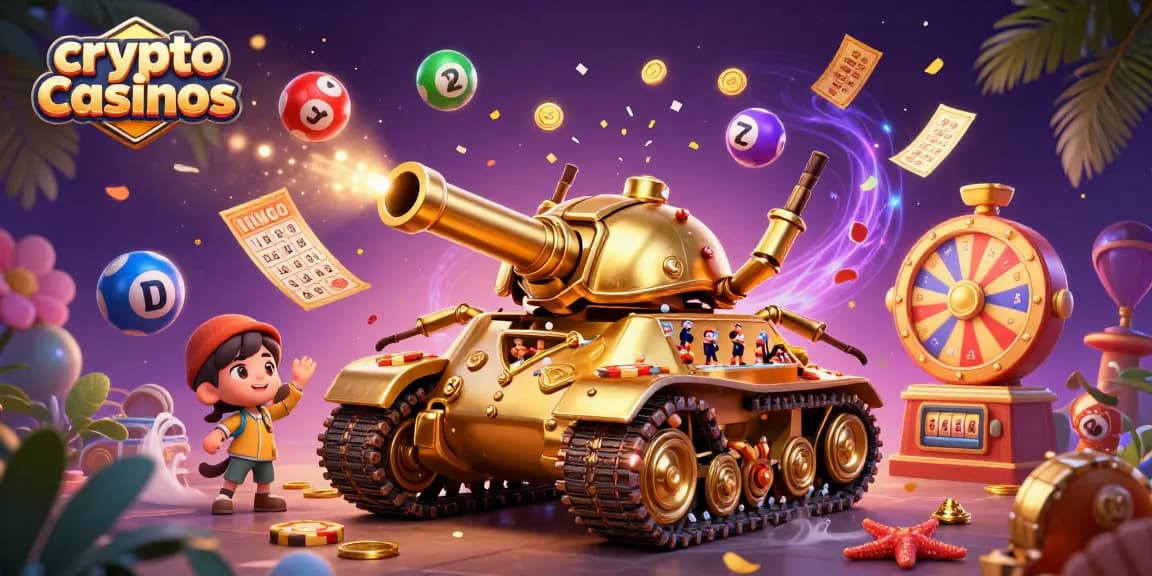 Gagnez aux crypto casinos avec cette illustration dynamique de jeux et de festivités en ligne.