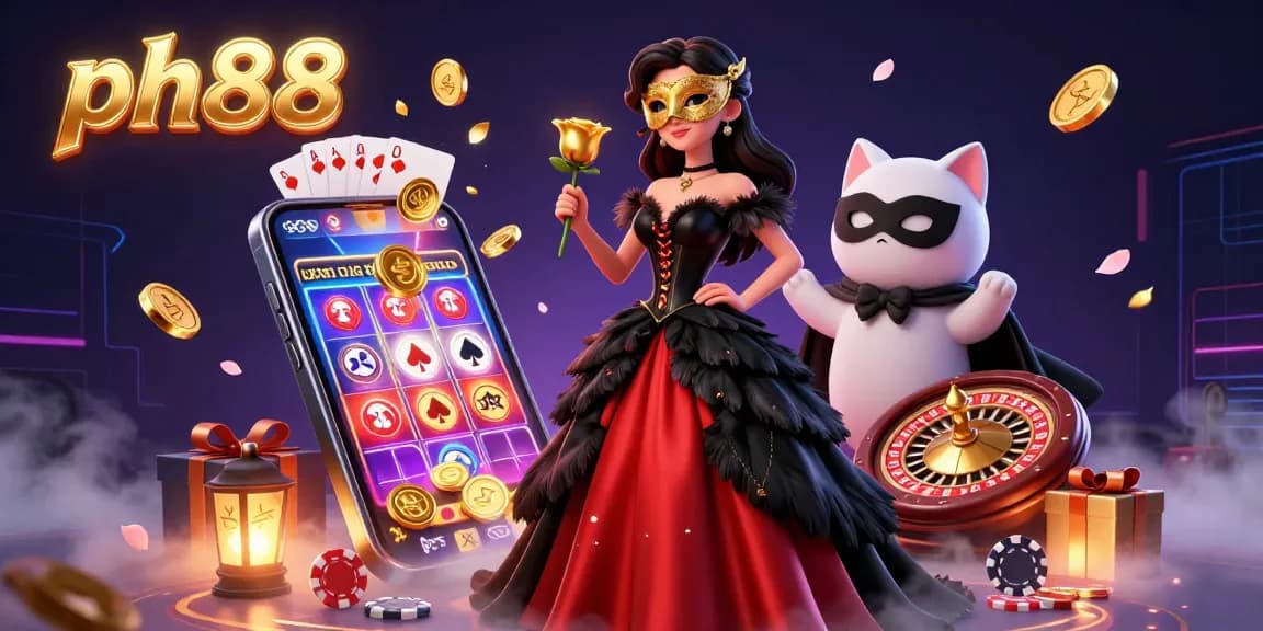 Experience thrilling gameplay with ph88: a dazzling casino illustration featuring vibrant games and characters.