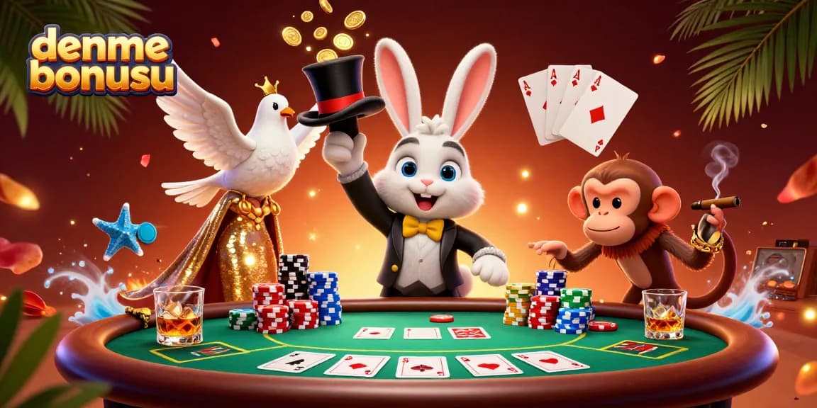 Experience the excitement of deneme bonusu with a vibrant illustration of a magician rabbit, dove, and monkey at a poker table.