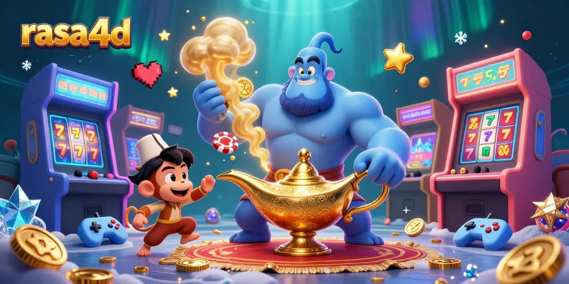 Permainan slot rasa4d yang menarik, dengan karakter genie dan koin emas berputar di kasino virtual.