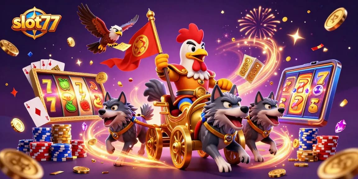 Experience thrilling gameplay with slot77 surrounded by vibrant slot reels and sparkling treasures.