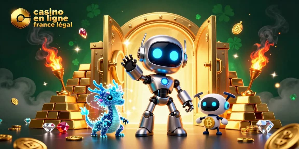 Plongez dans un monde de casino en ligne France légal avec un robot cyberpunk et un dragon holographique.