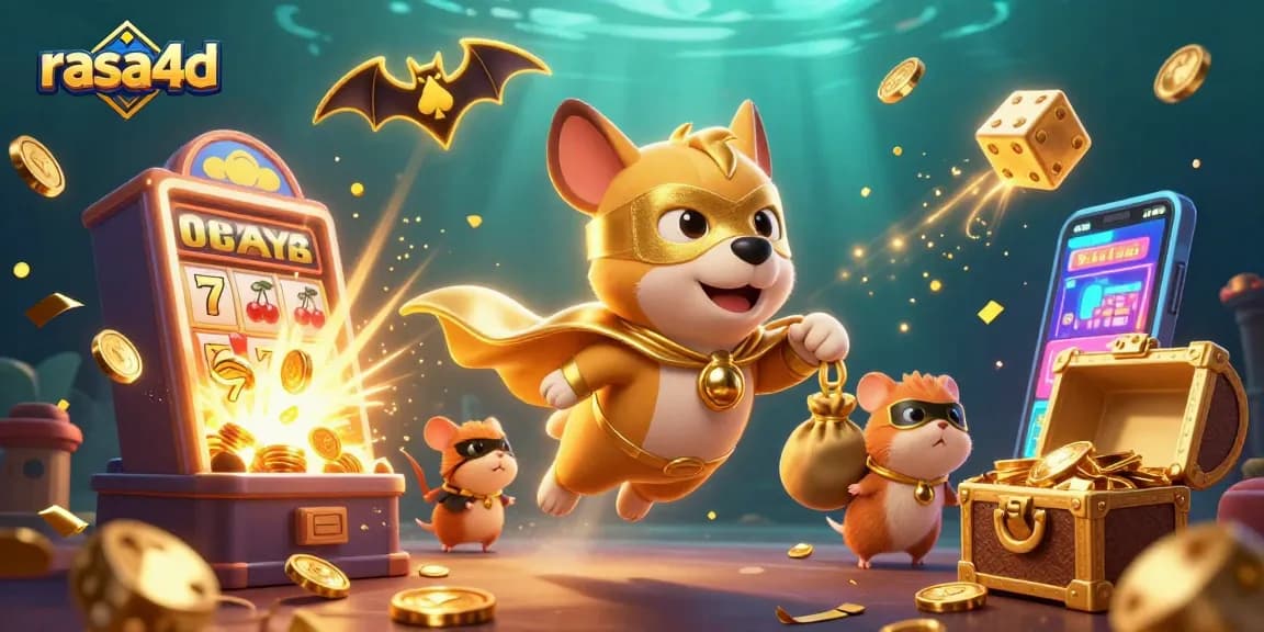Rasa4d menampilkan anjing superhero 3D dengan rekan hamster, dikelilingi elemen kasino menarik.