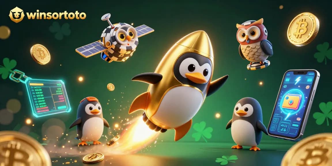 Menggandakan kesenangan bermain di winsortoto dengan ilustrasi kartun 3D penguin emas dan kasino luar angkasa.