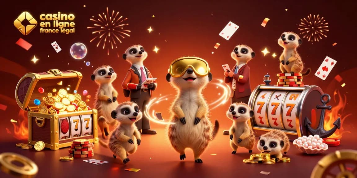 Image d'illustration d'un casino en ligne légal en France où des suricates gèrent un casino vivant avec des jeux de cartes.