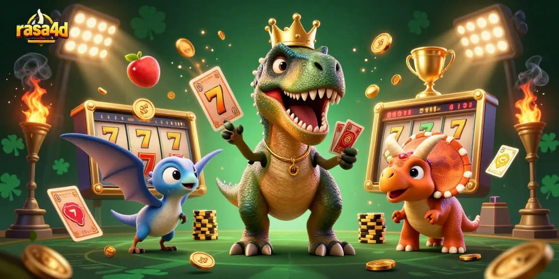 Rasa4d memperlihatkan T-Rex bersahabat yang berusaha mengocok kartu di kasino dengan bantuan pterodactyl dan triceratops yang menumpuk chip emas.