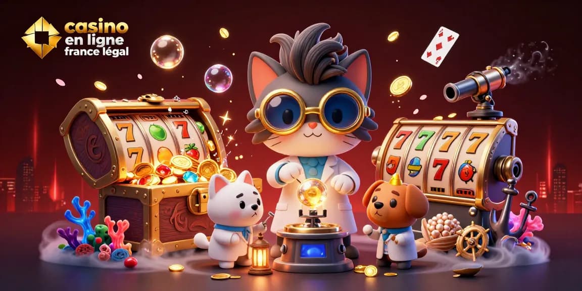 Illustration créative d'un casino en ligne France légal avec un chat scientifique et des éléments de jeu.