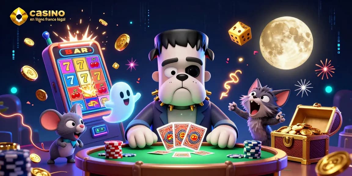 Plongée dans un univers fascinant de casino en ligne France légal avec un bulldog Frankenstein distribuant des cartes.