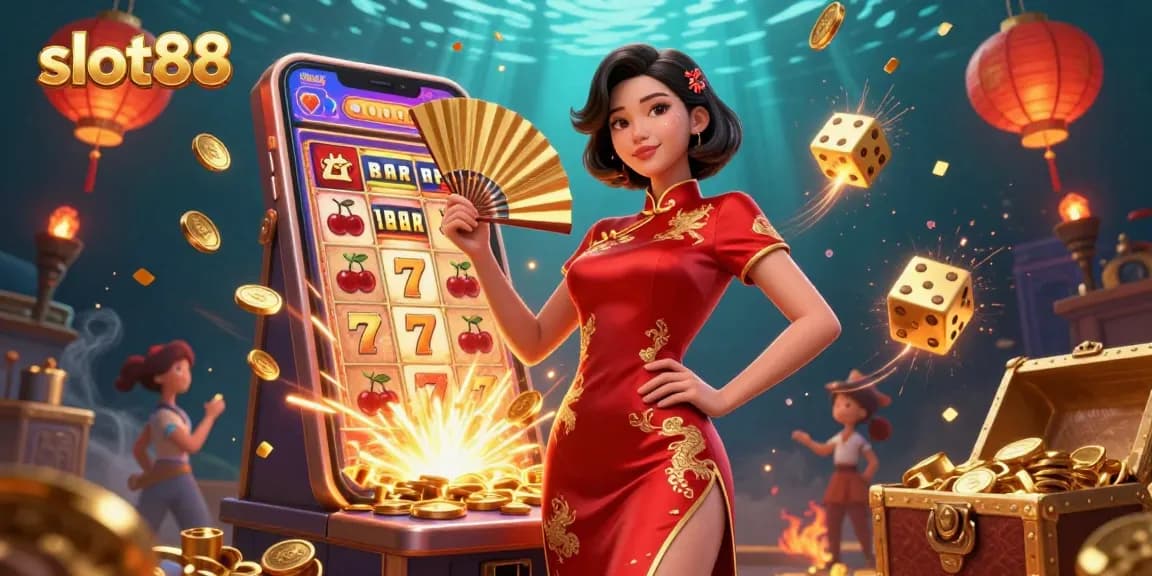 Win big with slot88 in this vibrant 3D casino scene bursting with gold coins and excitement.