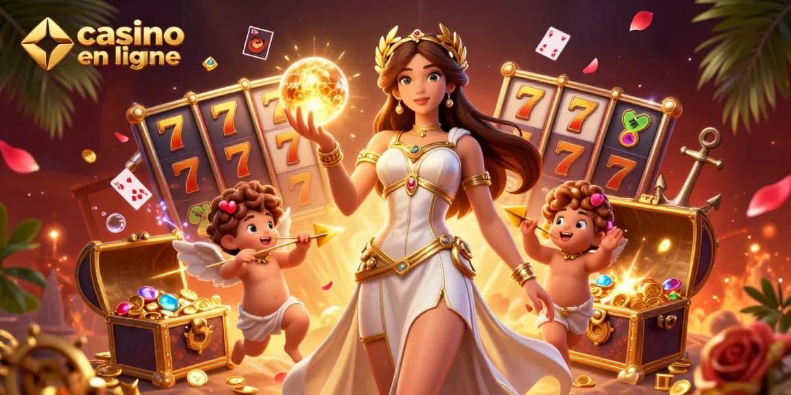 Jouez à des jeux passionnants au casino en ligne, présentant une scène avec une déesse grecque et des Cupides en dessin animé.