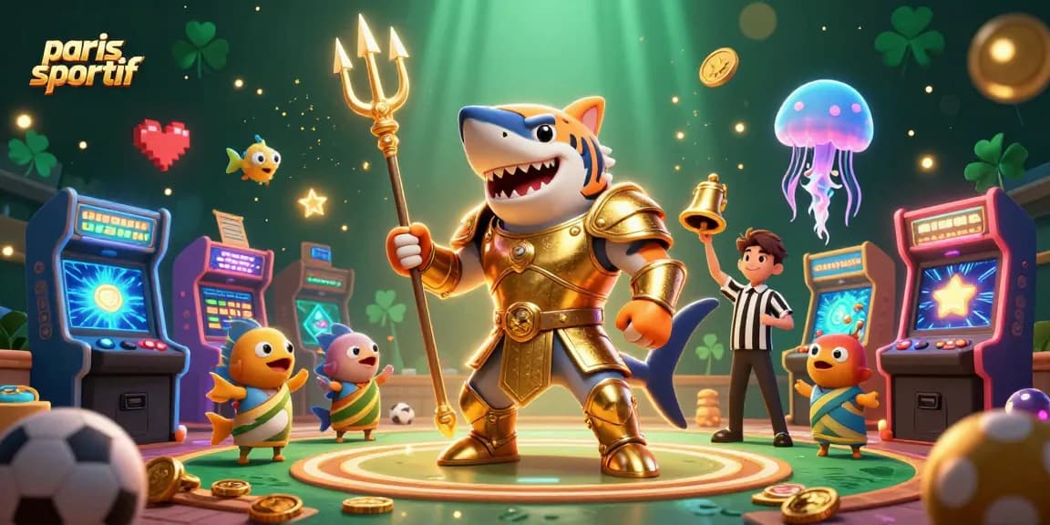 Pari sportif : illustration d'un requin tigre en armure de gladiateur, ambiance de jeu dynamique et captivante.