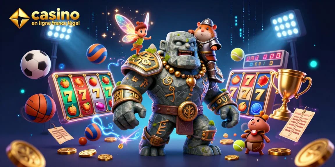 Illustration dynamique de casino en ligne légal en France avec personnages de jeux et éléments de jackpot.