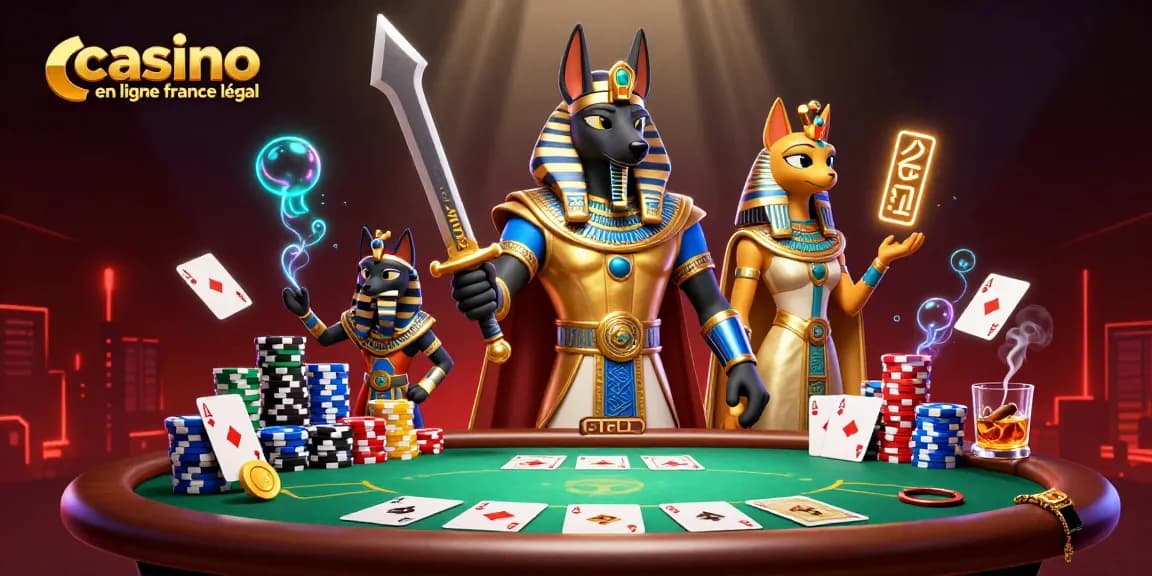 Illustration 3D captivante représentant le casino en ligne France légal avec des personnages égyptiens et des éléments de poker.
