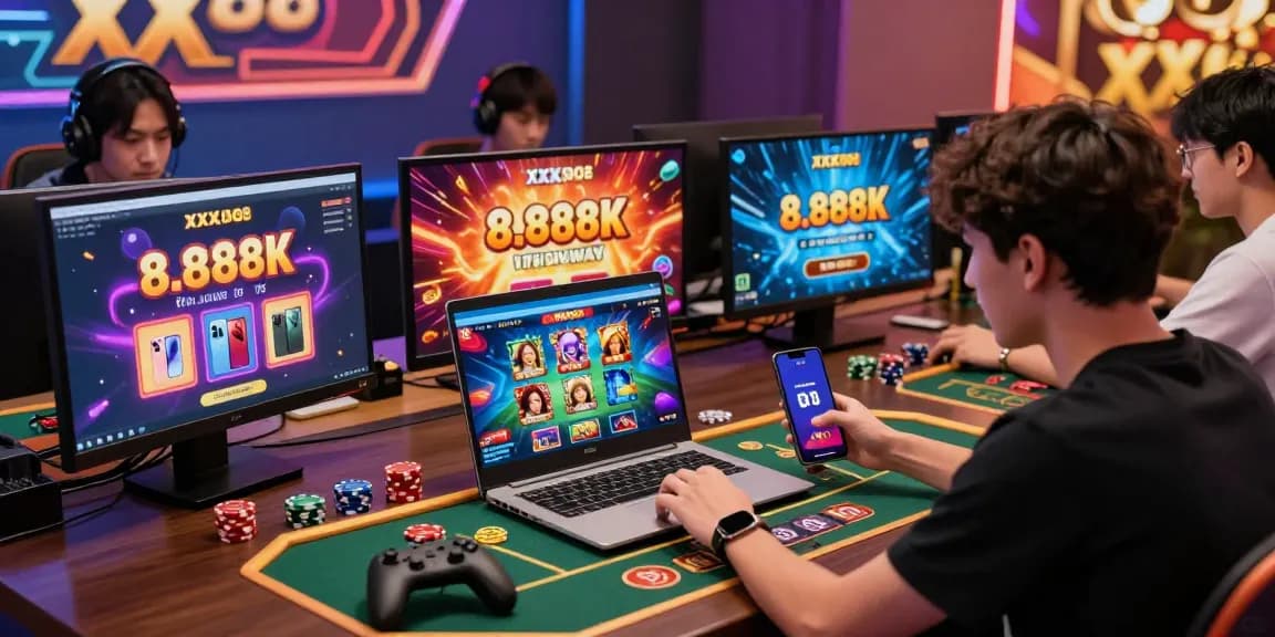 Exciting online gaming scene showcasing players enjoying the XX88 platform with vibrant graphics and a mobile app visible, highlighting promotions like 8.888K.