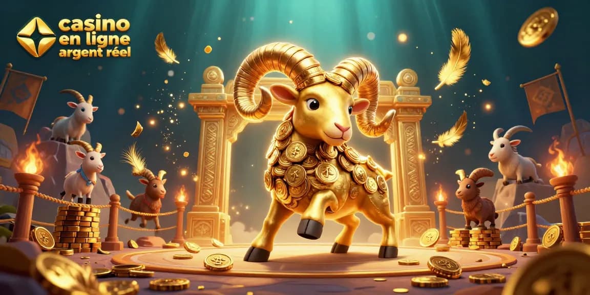 Visuel captivant de casino en ligne argent réel avec un bélier doré symbolisant la richesse et des éléments de jeu dynamiques.
