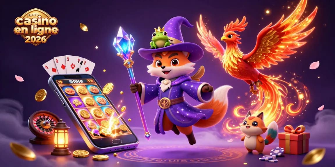 une illustration 3D captivante représentant le nouveau casino en ligne 2026 avec un renard sorcier et un phénix, entourés d'éléments de jeu
