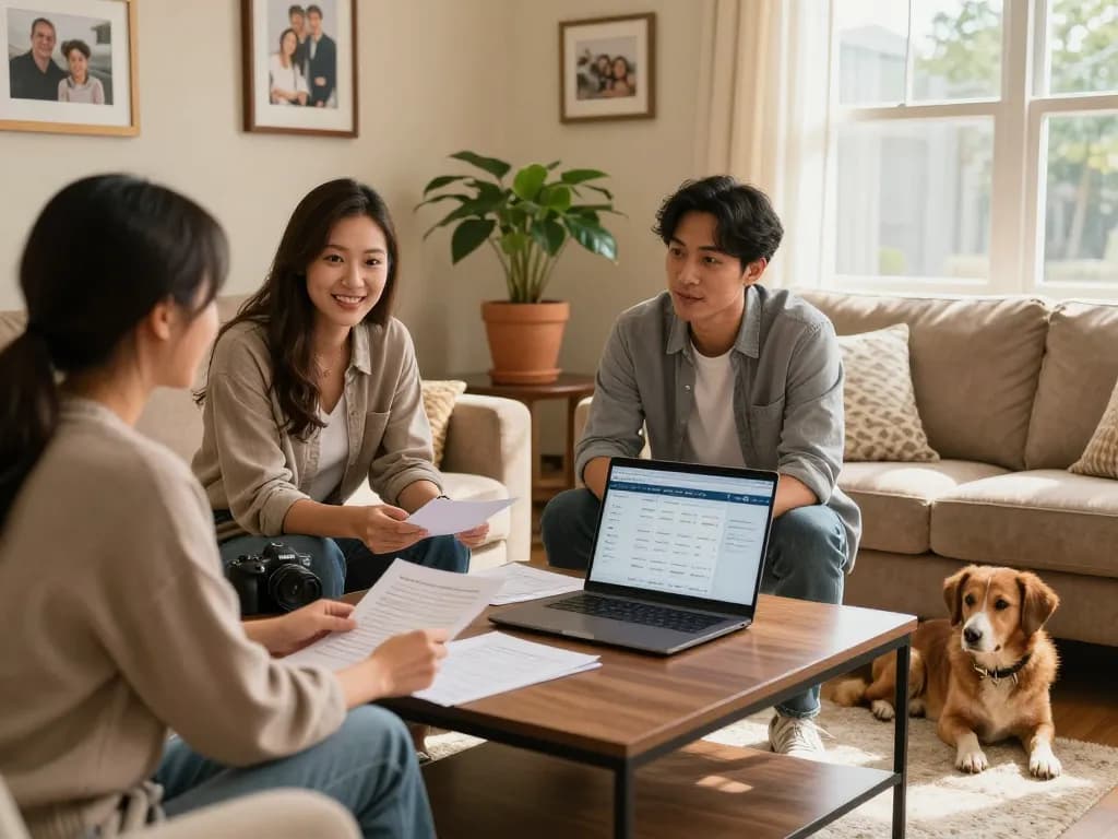 Homebuyer discussing a quick house sale with a cash buyer in a cozy living room.
