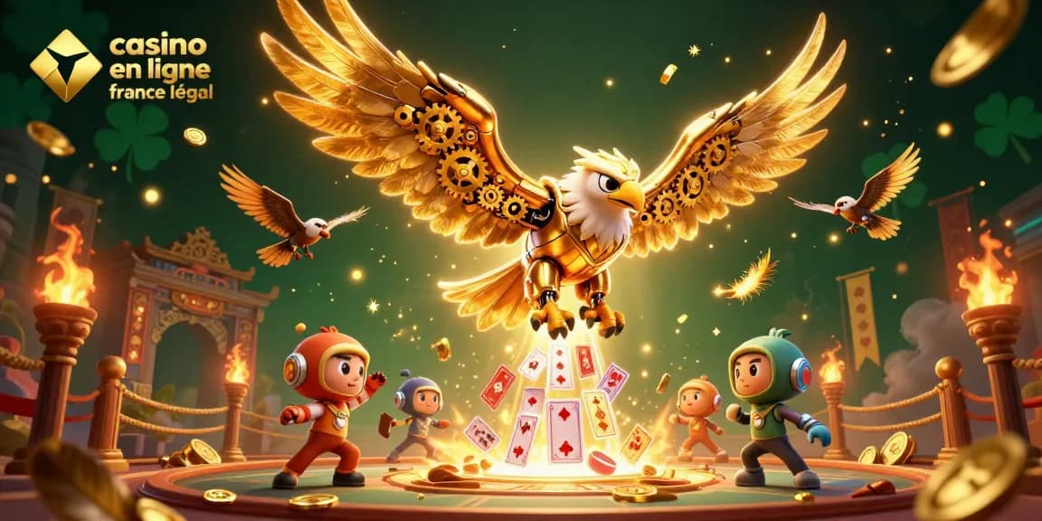 Découvrez le casino en ligne france légal avec une illustration dynamique de jeux, pièces d'or et effets de lumière.